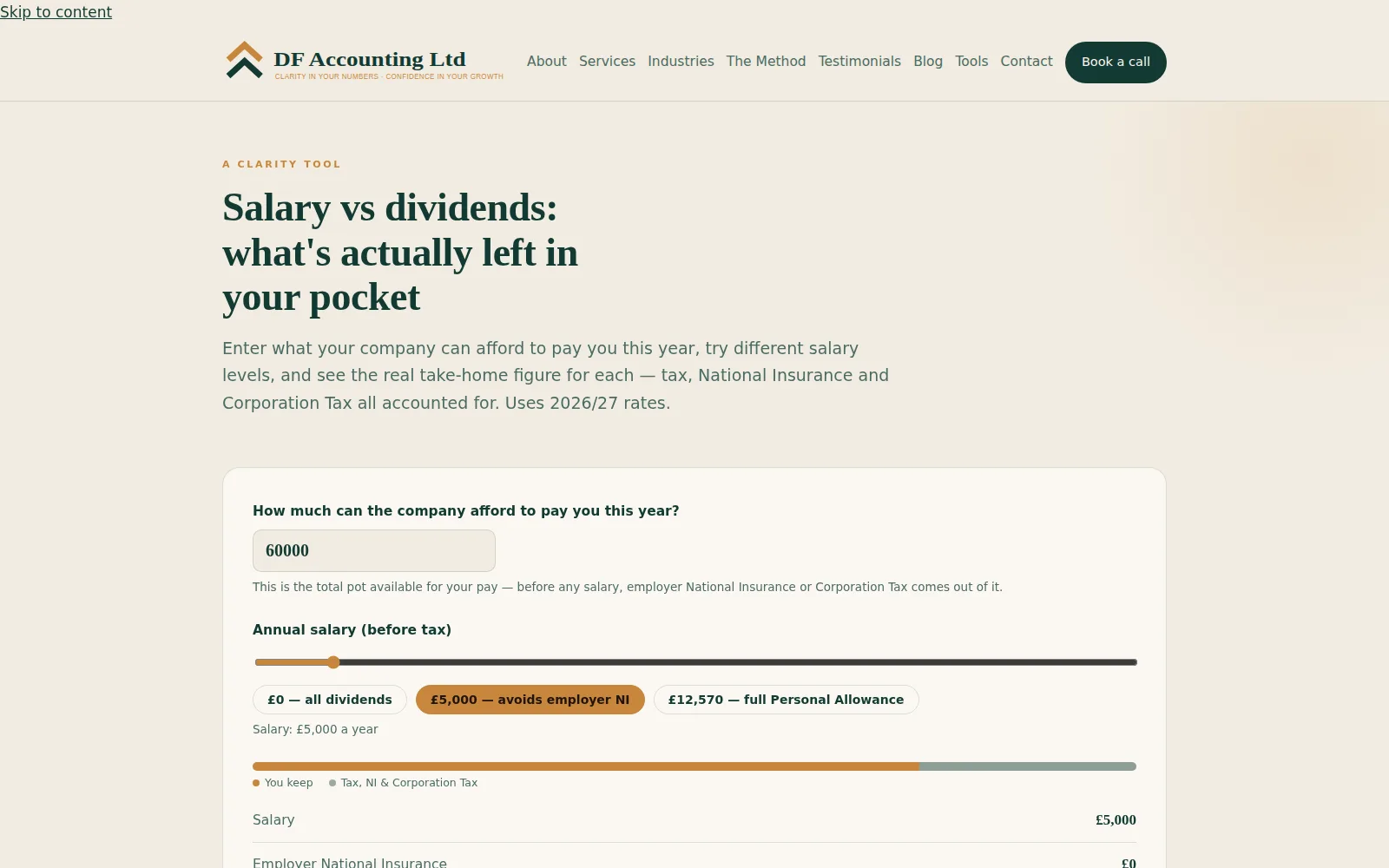 Salary vs dividends calculator tool on the DF Accounting site