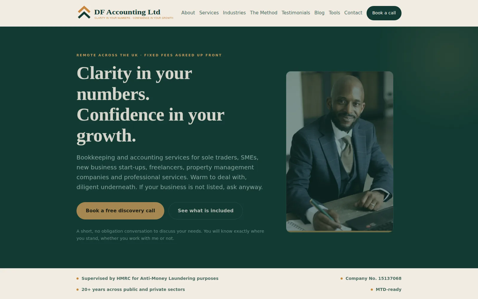 DF Accounting Ltd homepage, dark petrol green hero with founder portrait