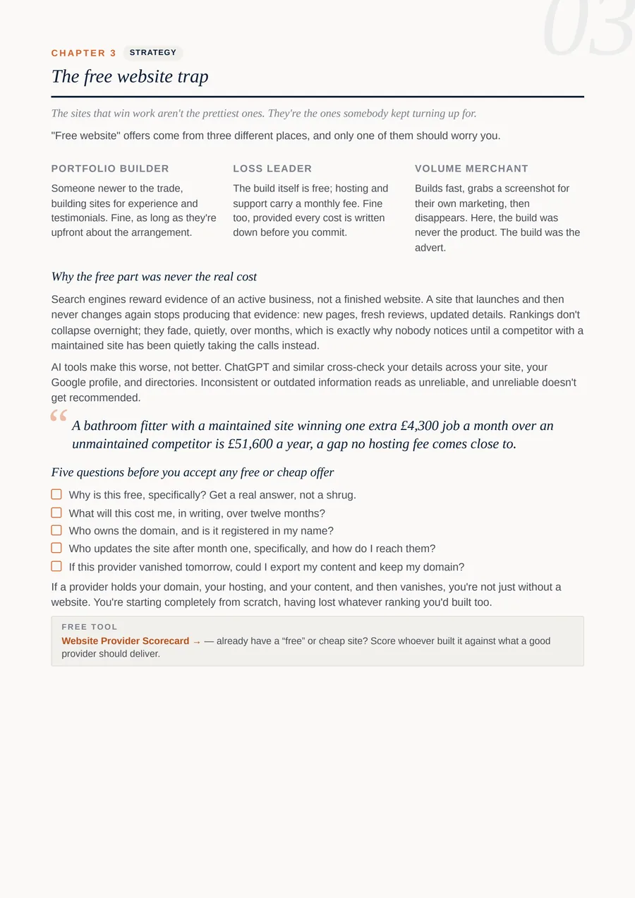 Chapter 3 page: the free website trap, three types of free offer compared