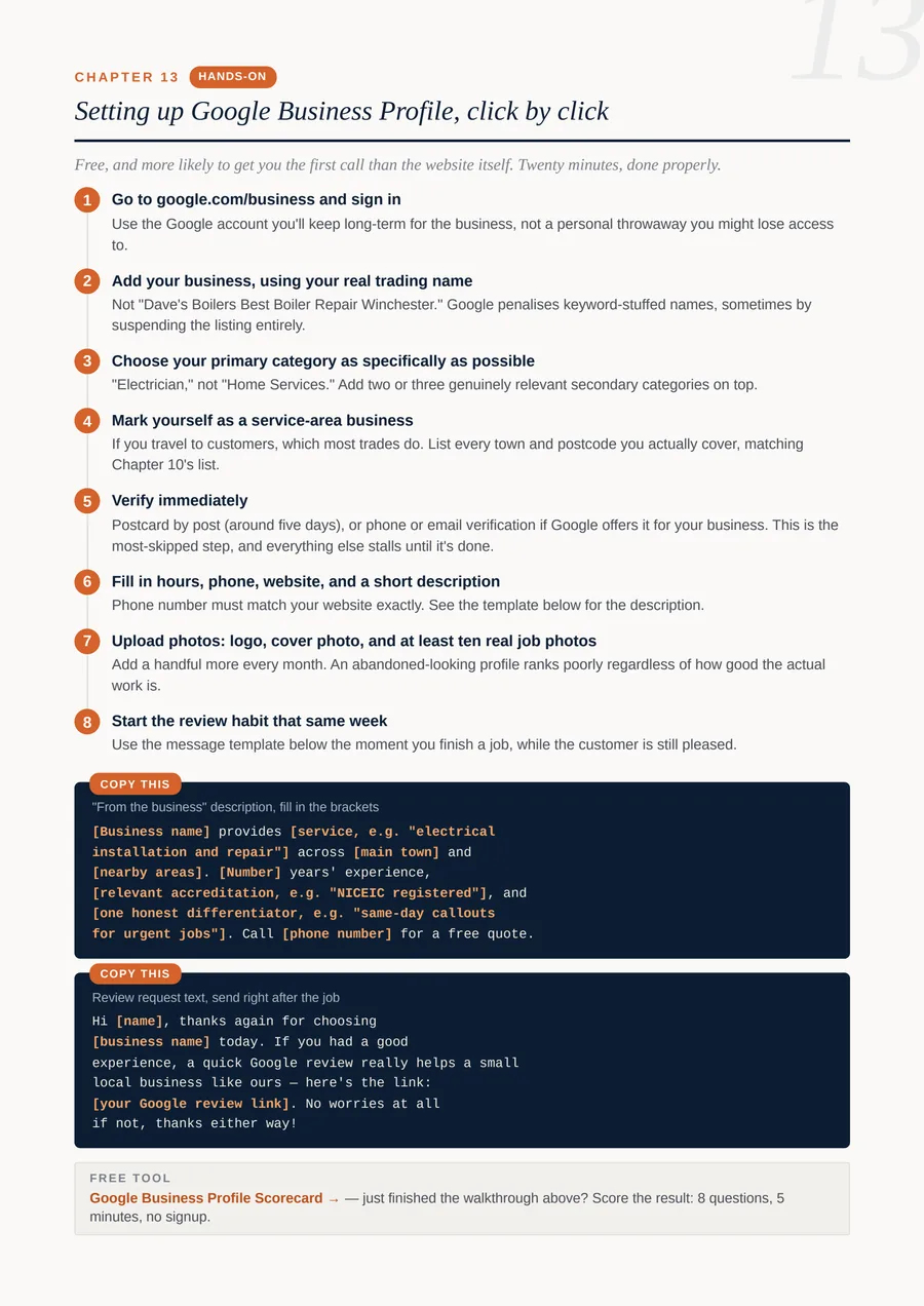 Chapter 13 page: setting up Google Business Profile, click by click